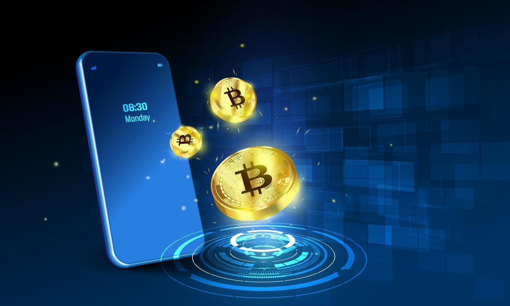 valuta cripto, criptovaluta bitcoin sul cellulare. banner vettoriale