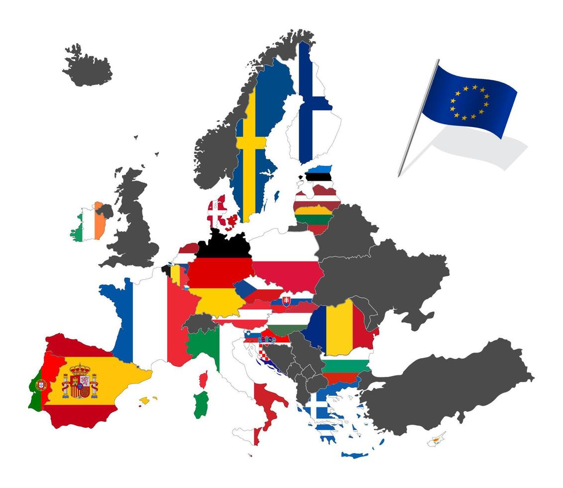 mappa dell'europa con le bandiere degli stati membri dell'unione europea dopo la brexit. illustrazione vettoriale isolato su sfondo bianco