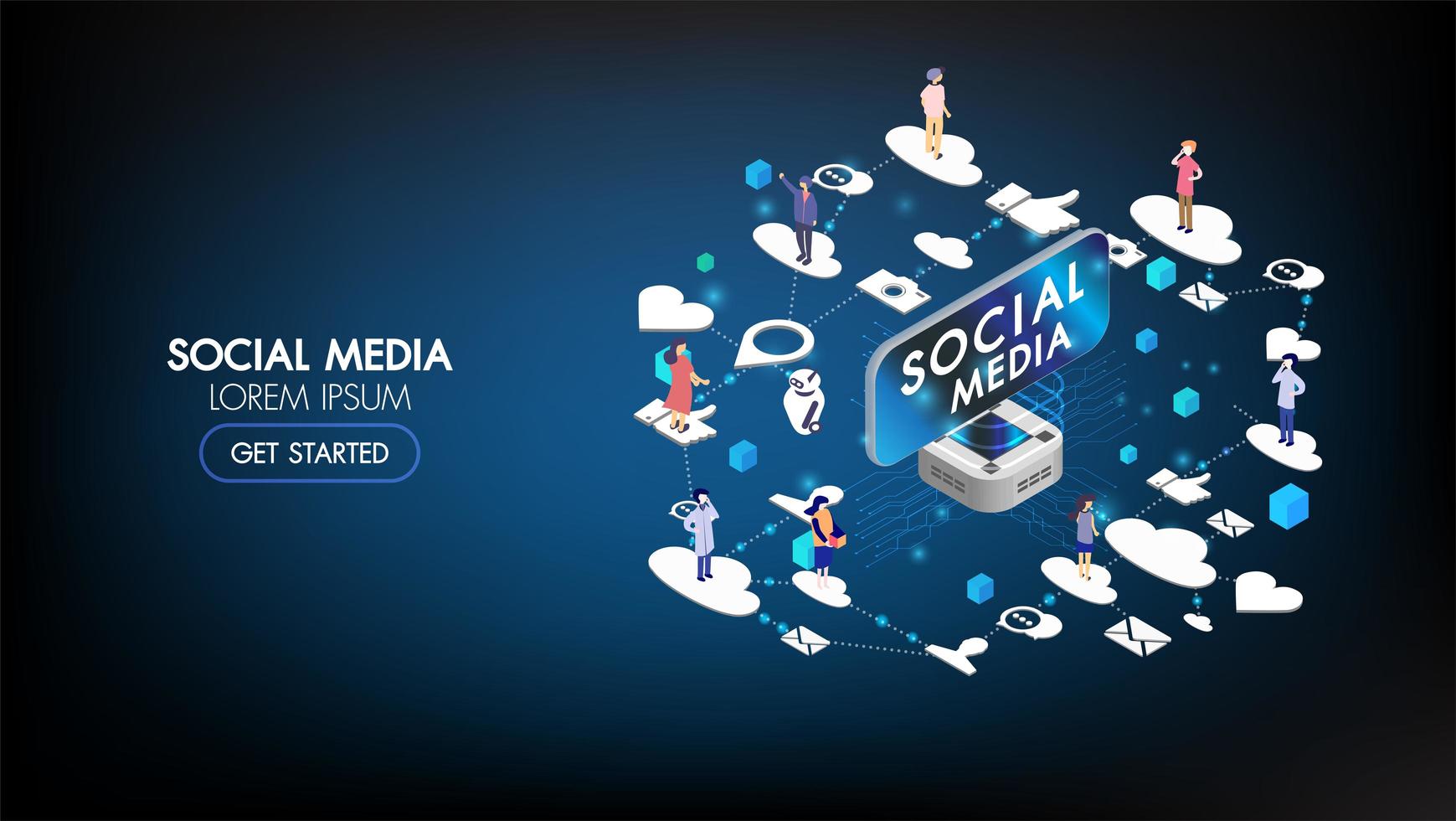 landing page isometrica di social media marketing con personaggi vettore