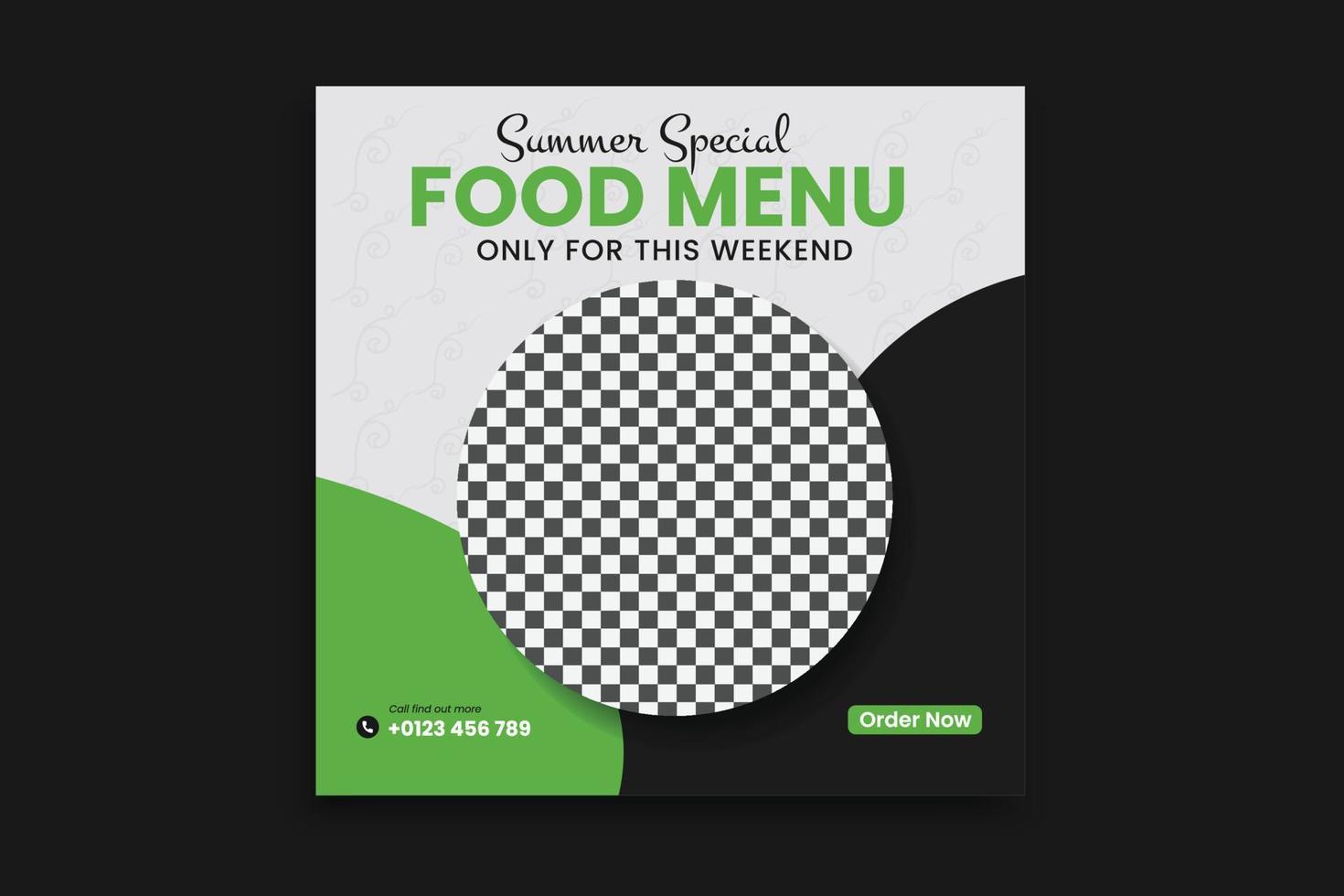 modello di social media alimentare, design del menu del cibo del ristorante, banner web, post sui social media vettore