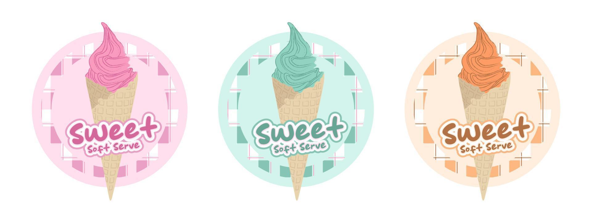 banner con logo gelato rosa sfondo rosa e bianco con motivo scozzese. motivo a quadri rosa su tessuto. motivo quadrato sfondo quadrato rosa. softserve verde e arancia. vettore