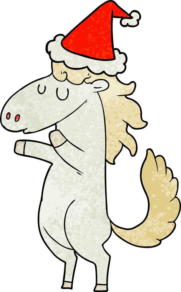 cartone animato testurizzato di un cavallo che indossa il cappello di Babbo Natale vettore