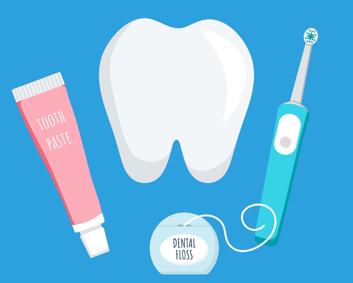 concezione della cura orale e dei denti. set di strumenti per la pulizia dentale. spazzolino elettrico e dentifricio, filo interdentale. igiene dentale. vettore