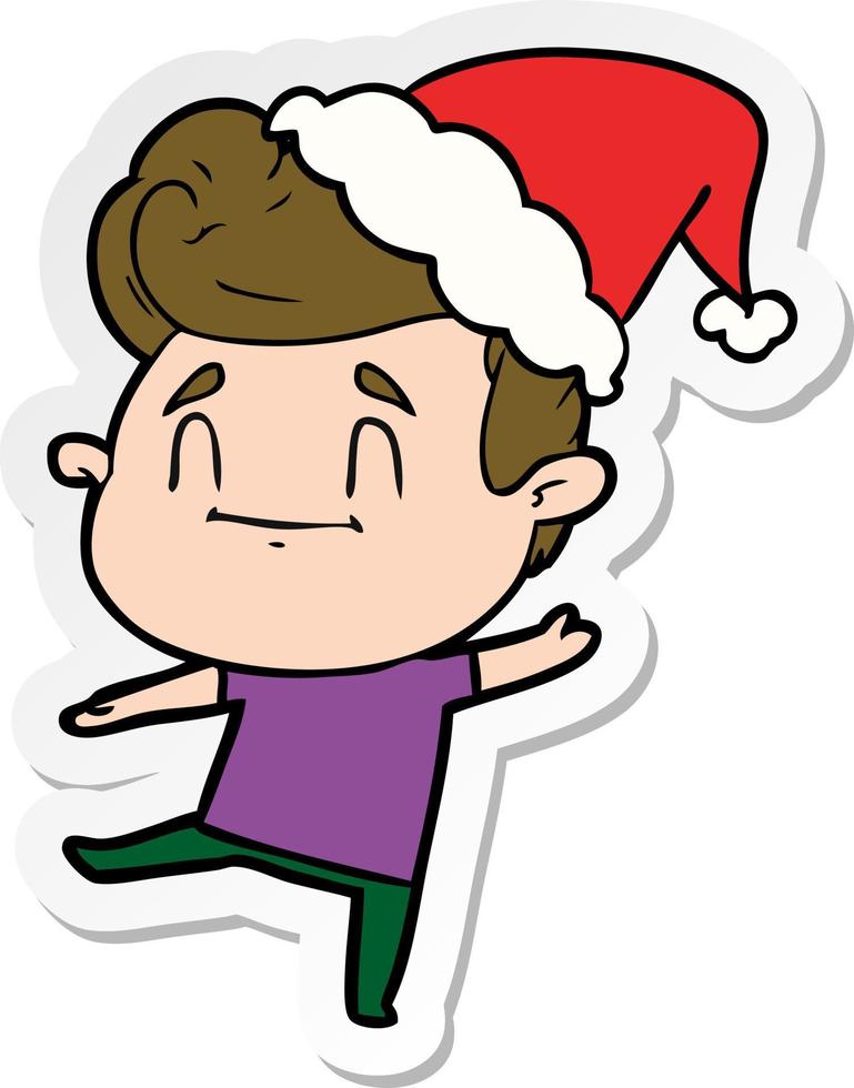 cartone animato adesivo felice di un uomo che indossa il cappello di Babbo Natale vettore