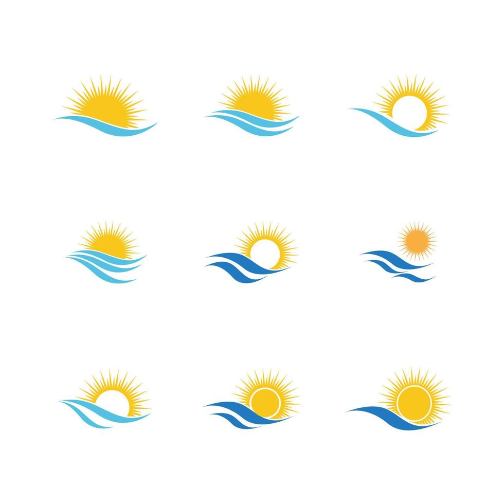 logo di progettazione dell'illustrazione di vettore dell'icona del sole e dell'onda dell'acqua di mare