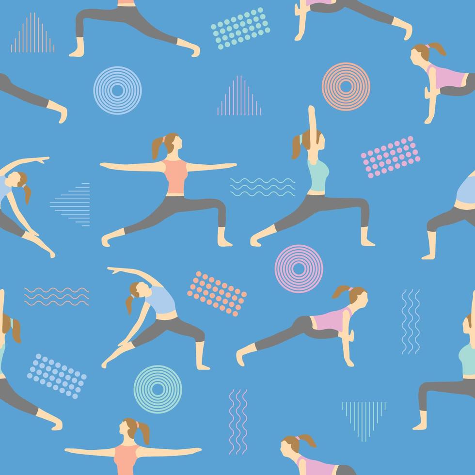 posizione yoga popolare pone l'illustrazione modello senza cuciture, giornata internazionale dello yoga vettore premium