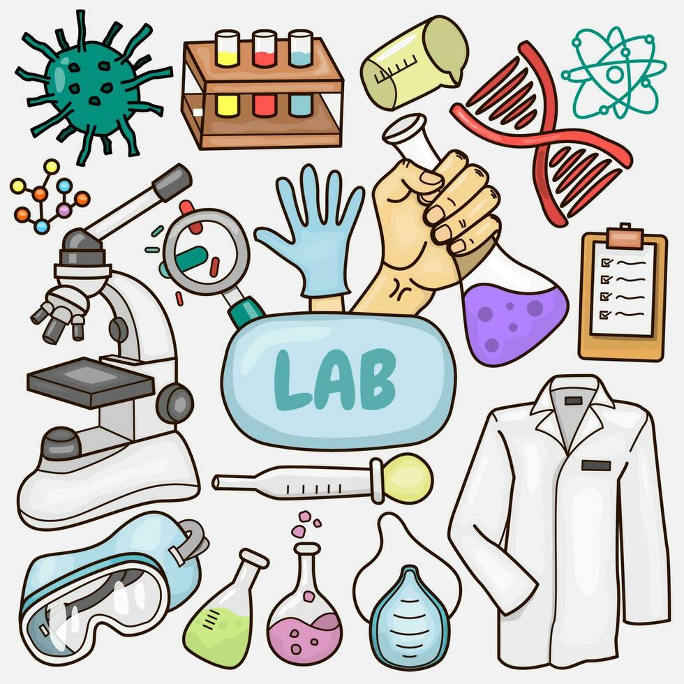 vettore disegnato a mano colorato. scarabocchio, oggetti e simboli del fumetto a tema scienza e laboratorio. tutti gli oggetti sono separati.