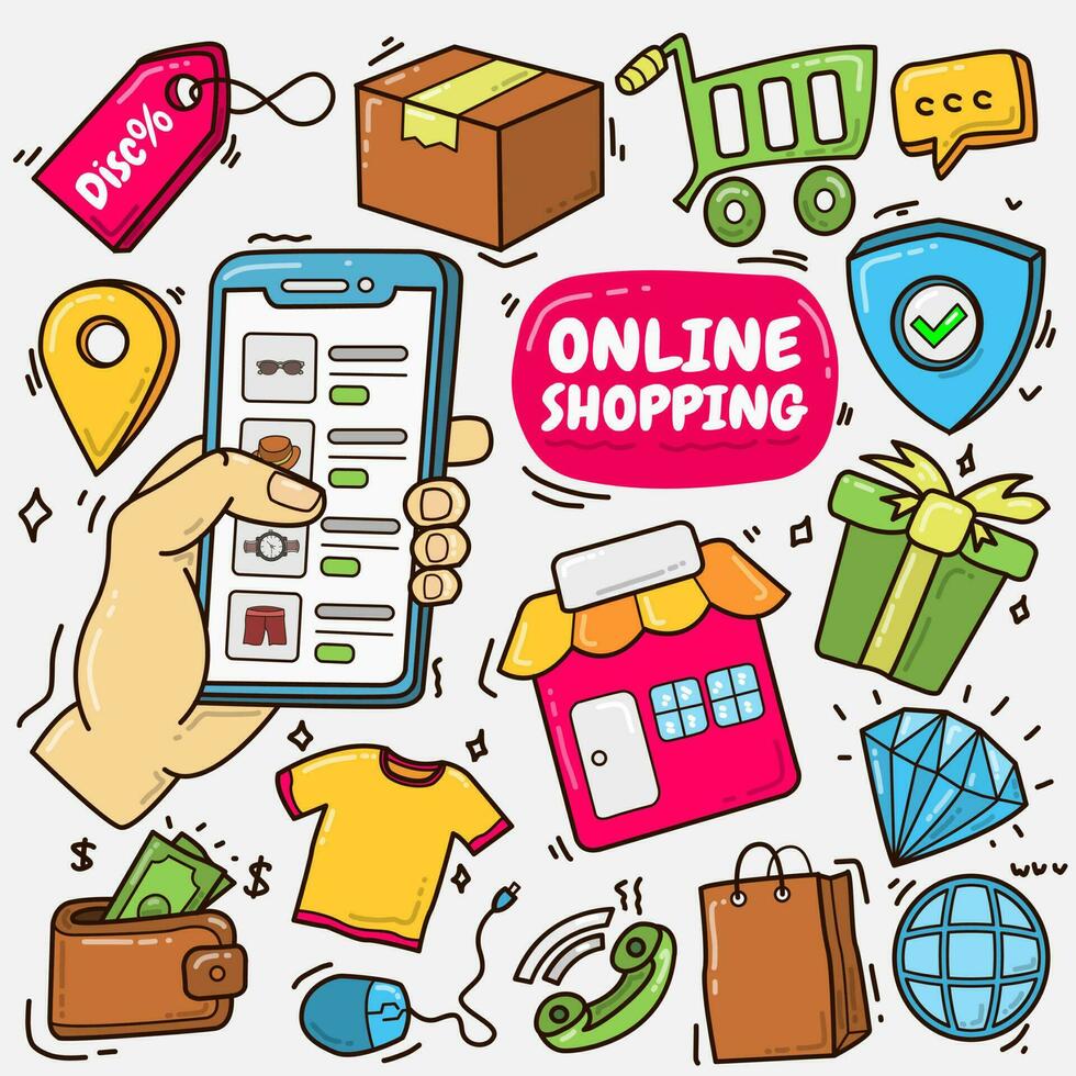 illustrazione grafica vettoriale del negozio e dello shopping online doodle