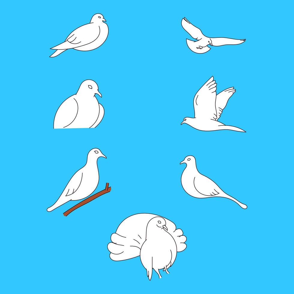 illustrazione di arte linea colomba bianca su sfondo blu. bei piccioni fede e simbolo di amore. vettore