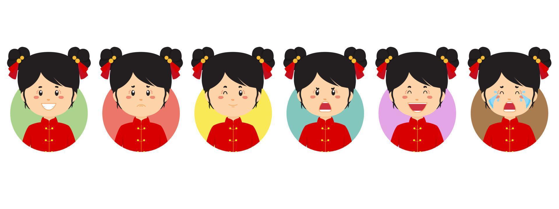 avatar cinese con varie espressioni vettore