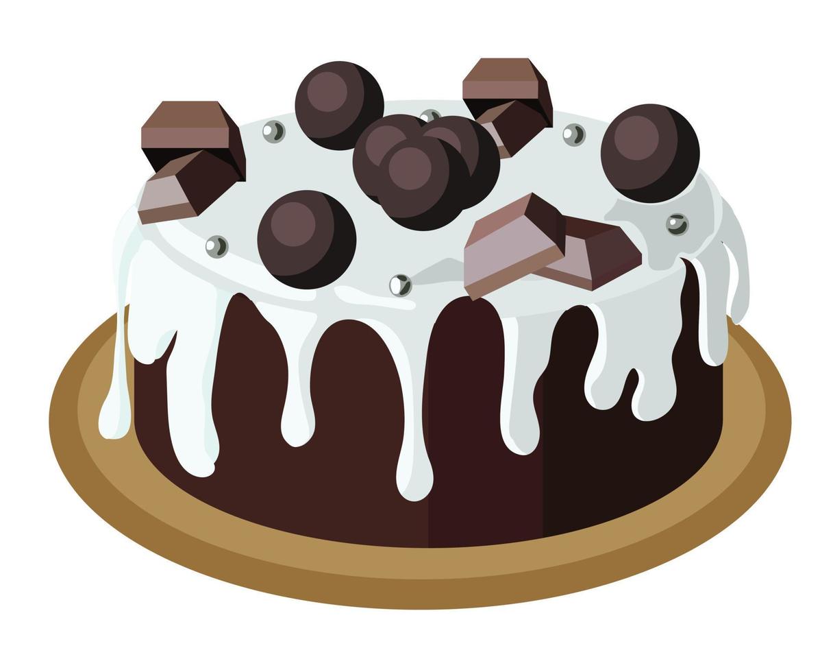 grande torta al cioccolato brownie guarnita con ganache bianca, cioccolatini e palline di zucchero argento. stock illustrazione vettoriale isolato su uno sfondo bianco.