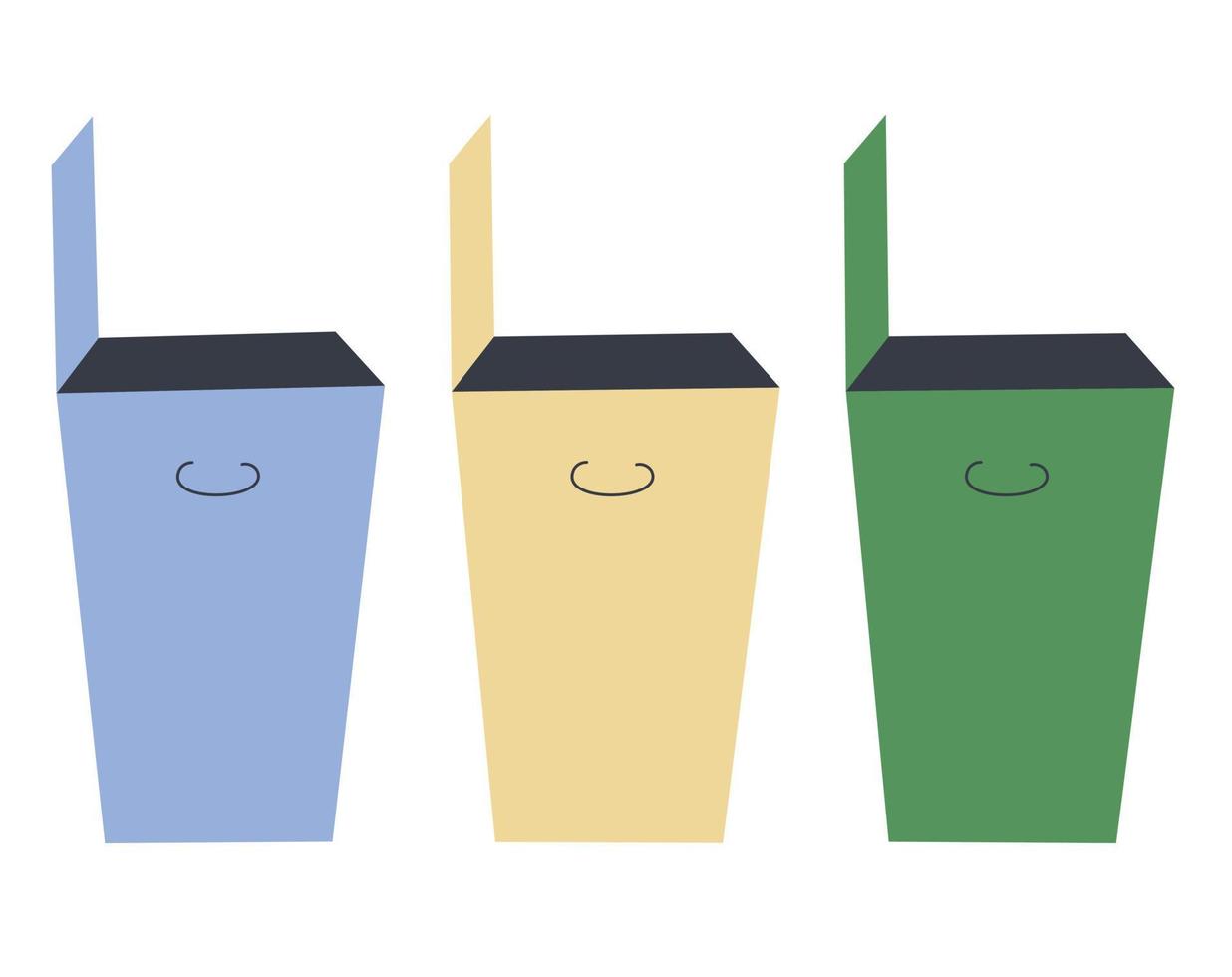 tre bidoni della spazzatura in blu, giallo e verde. il concetto di raccolta differenziata dei rifiuti, cura della natura, riciclaggio. illustrazione vettoriale. vettore