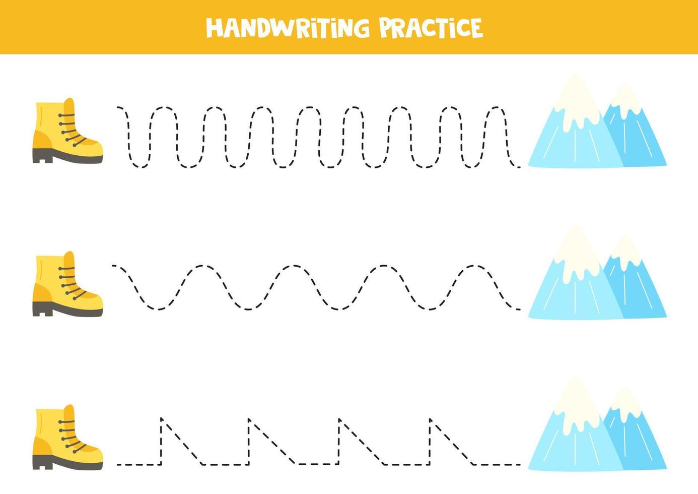 linee di tracciamento per bambini. scarpone da trekking e montagne. Pratica di scrittura. vettore