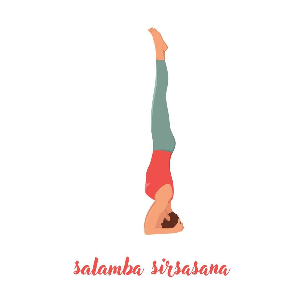 donna che pratica yoga concetto, in piedi in salamba sirsasana esercizio, posa headstand, allenamento, illustrazione vettoriale piatta isolata su sfondo bianco