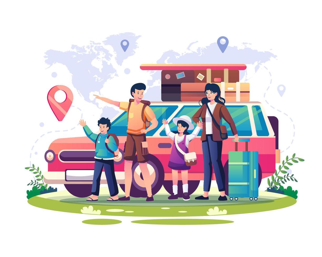 famiglia felice che viaggia per le vacanze estive o le vacanze. la famiglia con i bambini viaggia per il mondo in auto. illustrazione vettoriale in stile piatto