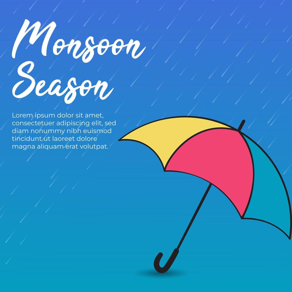 sfondo blu della stagione dei monsoni con ombrello e pioggia vettore