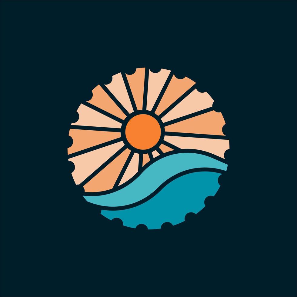 design moderno dell'illustrazione del logo orientato alla spiaggia al tramonto vettore