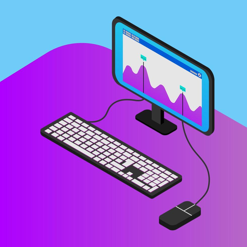 computer con grafico su monitor, mouse e tastiera collegati da fili. su sfondo viola e blu. illustrazione isometrica vettore