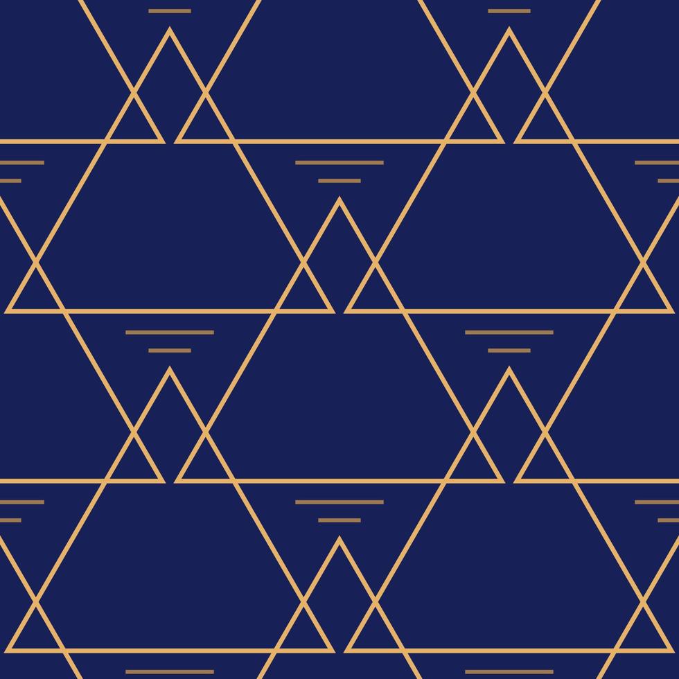 motivo senza cuciture con linee geometriche dorate a forma di triangoli e trattini su sfondo blu scuro. vettore