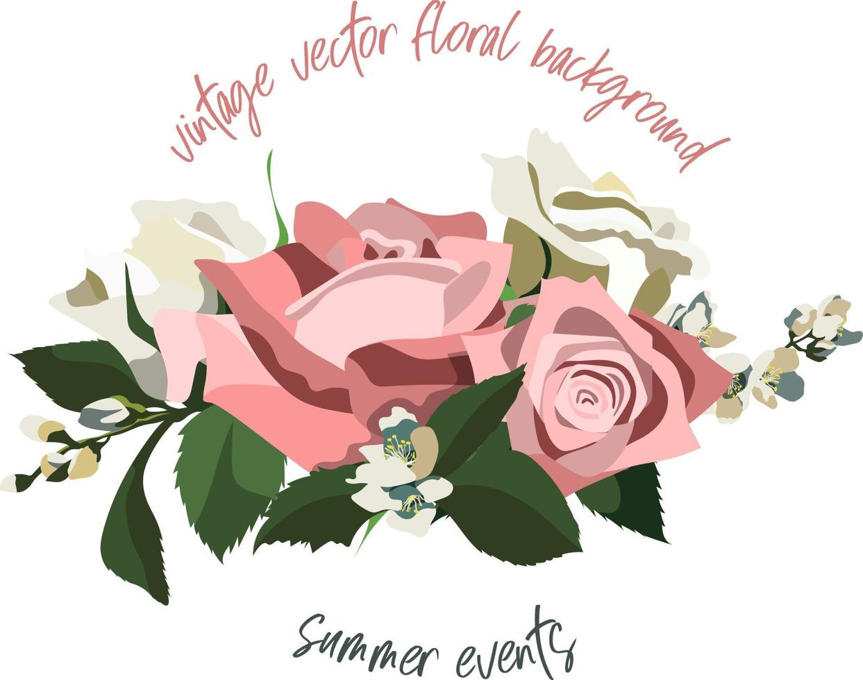 sfondo floreale in stile vintage con rose rosa e bianche, foglie e rami di gelsomino. isolato su sfondo bianco. illustrazione vettoriale