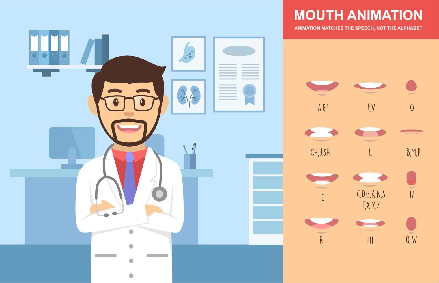 raccolta di sincronizzazione labiale per l'animazione. la bocca e le labbra del personaggio dei cartoni animati del medico si sincronizzano per la pronuncia del suono. apprendimento dell'illustrazione vettoriale dell'alfabeto inglese.