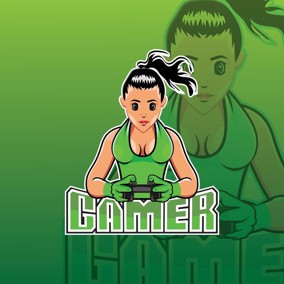 design del logo sportivo del giocatore della ragazza, logo del gioco sportivo della mascotte femminile vettore