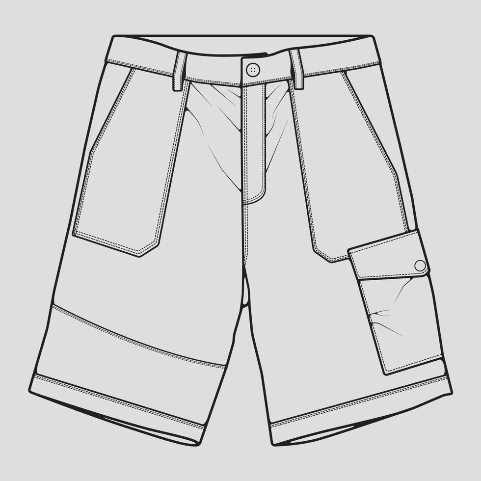 vettore di disegno del profilo dei pantaloni corti, pantaloni corti in uno stile di schizzo, profilo del modello delle scarpe da ginnastica, illustrazione vettoriale.