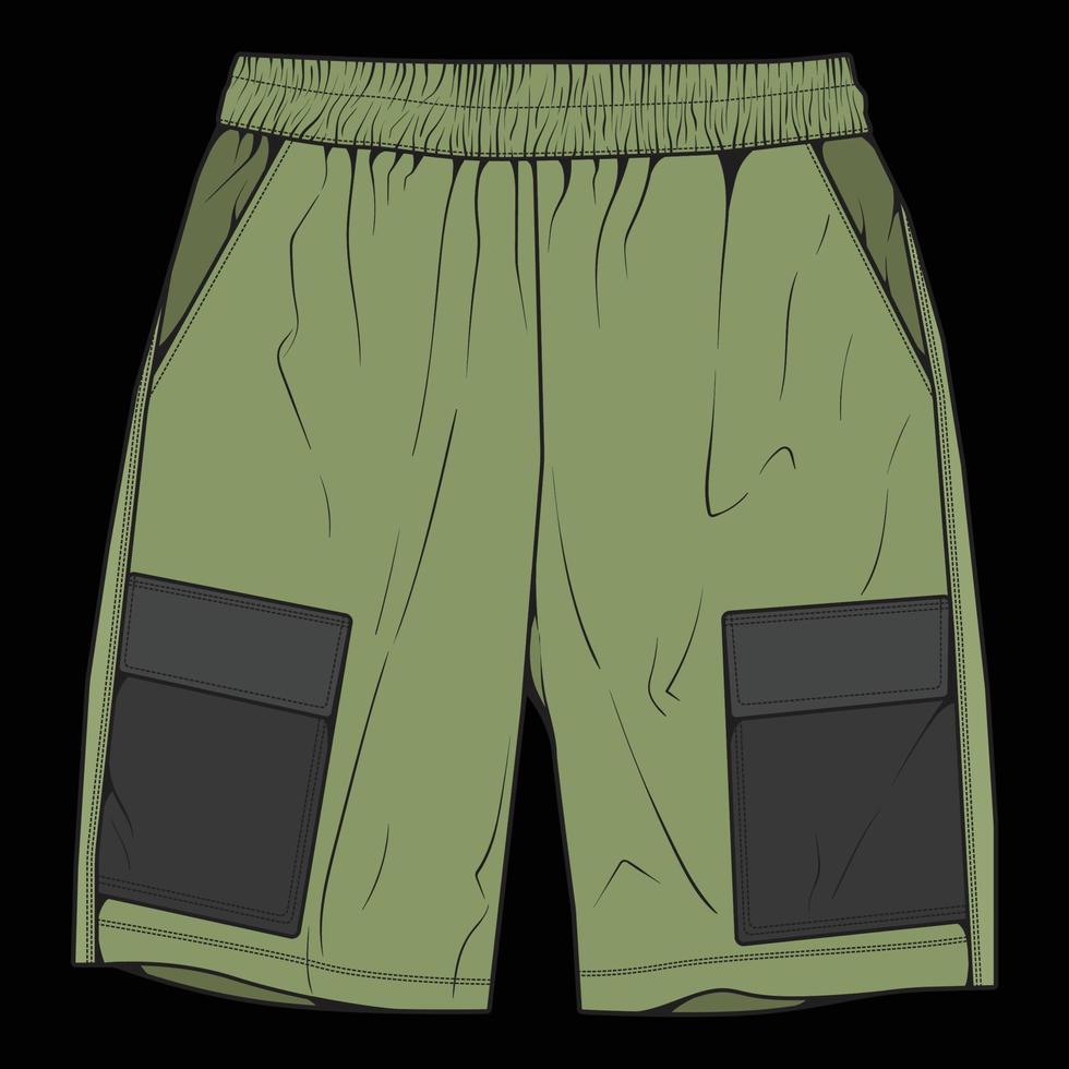 vettore di disegno a blocchi di colore dei pantaloni corti, pantaloni corti in uno stile di schizzo, modello di scarpe da ginnastica, illustrazione vettoriale.