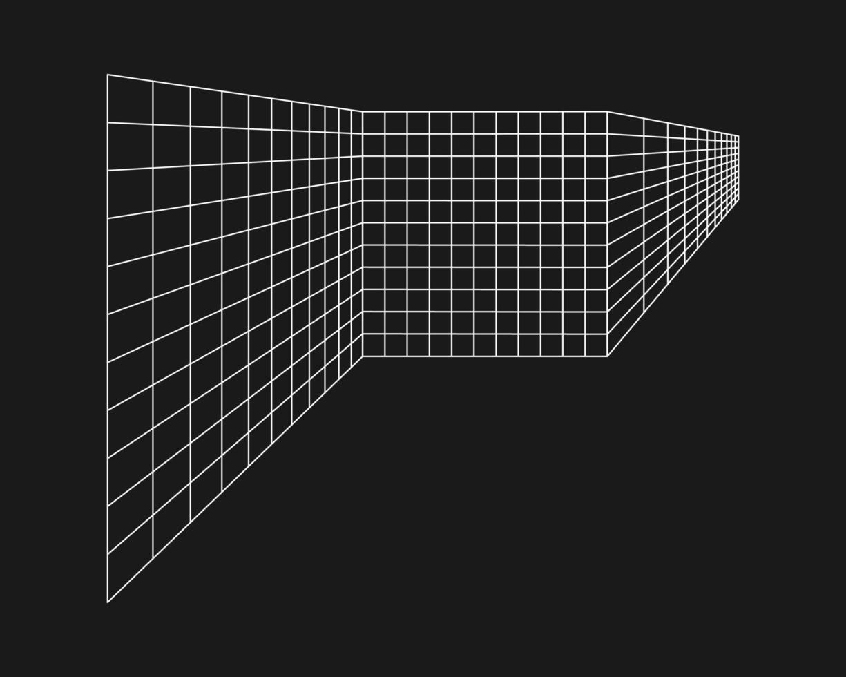 cyber grid, tunnel rettangolare in prospettiva retrò punk. geometria del tunnel della griglia su sfondo nero. illustrazione vettoriale. vettore