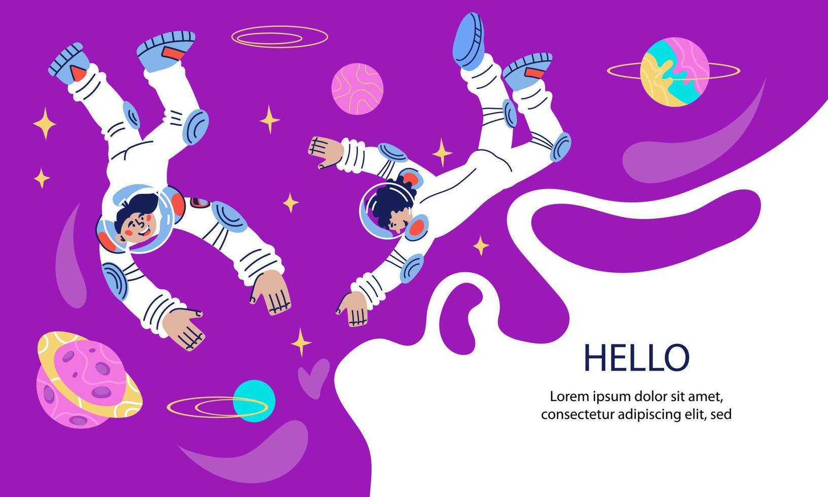 modello di banner dello spazio esterno cosmo con personaggi di astronauti o astronauti. ricerca dell'universo, viaggio nello spazio e concetto di esplorazione. illustrazione vettoriale cartone animato piatto.