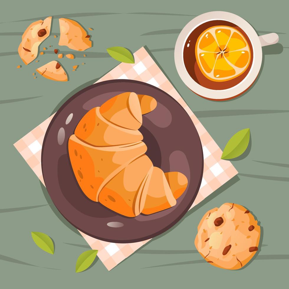 colazione con un croissant e una tazza di tè al limone sul tavolo. colazione tradizionale francese. illustrazione vettoriale