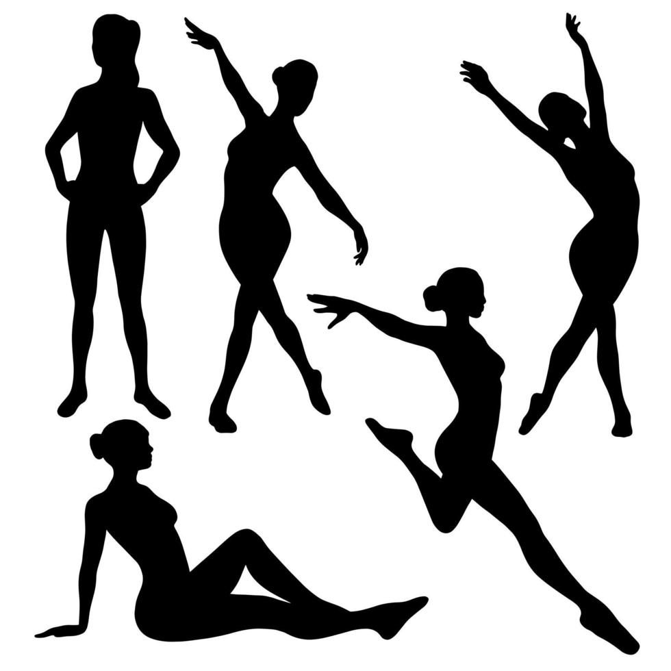 sagoma di donna in varie pose. silhouette femminile che balla seduto in piedi. illustrazione vettoriale isolata su bianco