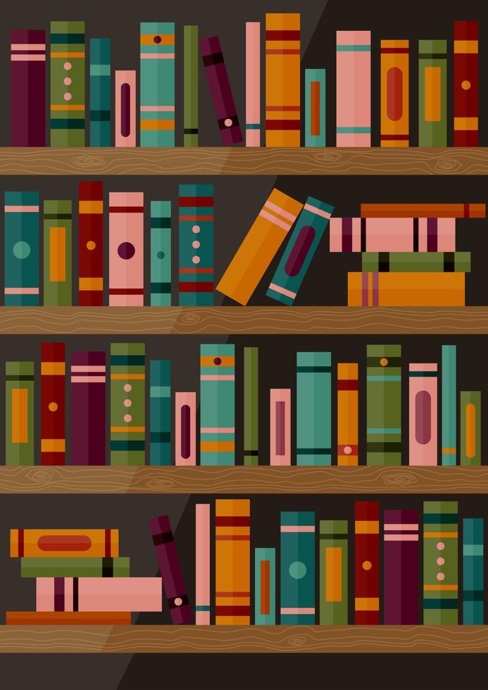 libreria con libri. set di diverse spine di libri su scaffali di legno. striscione del libro. illustrazione vettoriale di sfondo scaffale libreria.