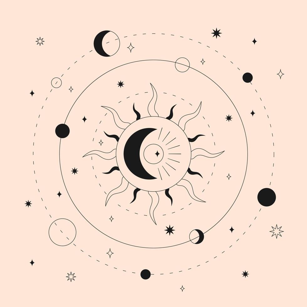 illustrazione del sole e della luna celesti con stelle e pianeti. stampa mistica per astrologia, tarocchi, design boho. illustrazione vettoriale, design esoterico. vettore