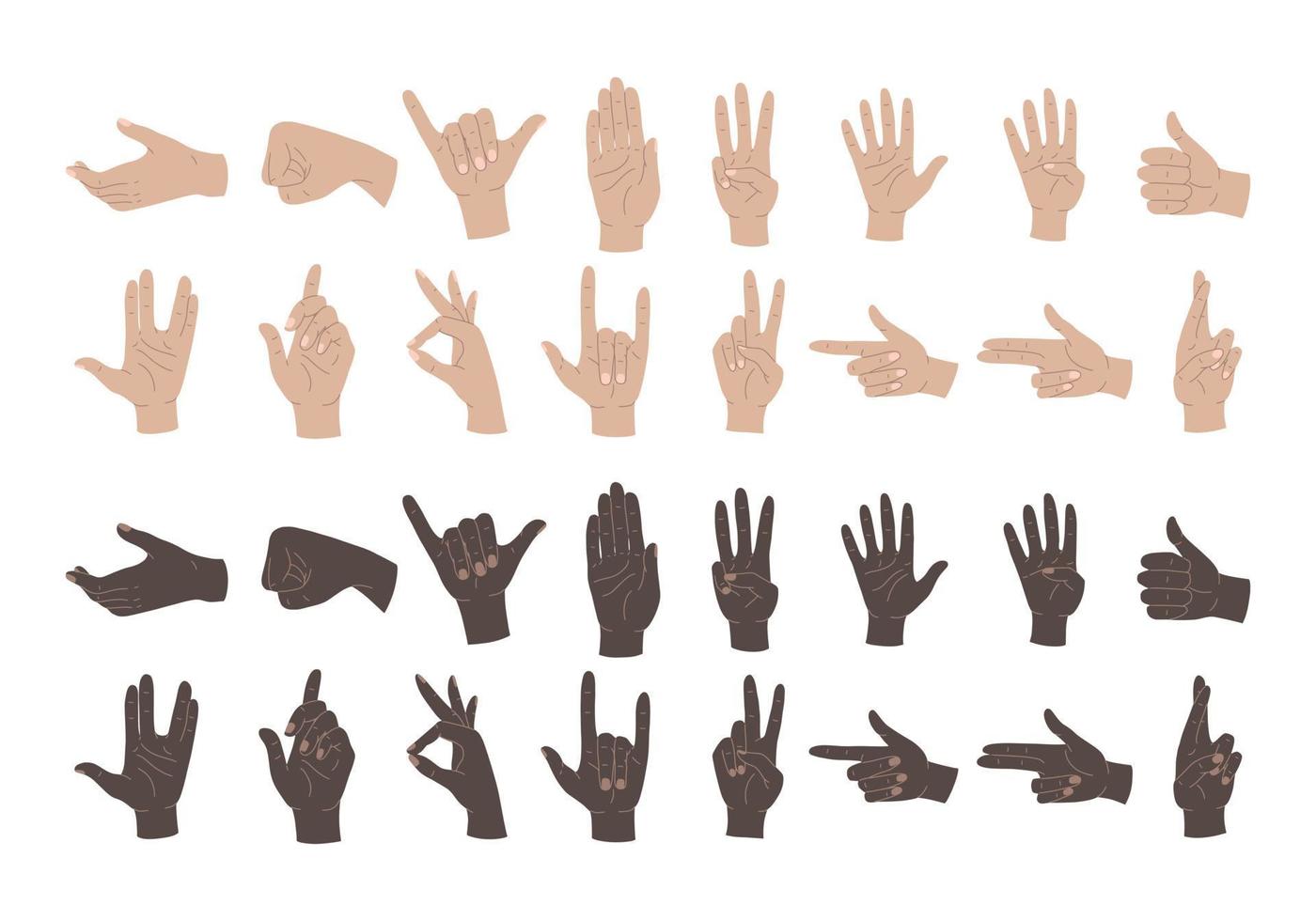 gesti delle mani. insieme di mani umane, segni e gesti, figure e movimenti delle dita. illustrazioni vettoriali isolate mani di colori diversi su sfondo bianco