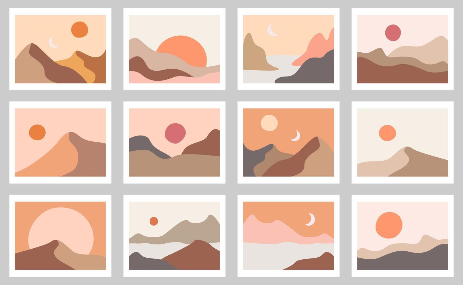 sfondo estetico contemporaneo astratto con paesaggio, deserto, dune di sabbia e sole. colori terracotta. arredamento da parete boho. vettore