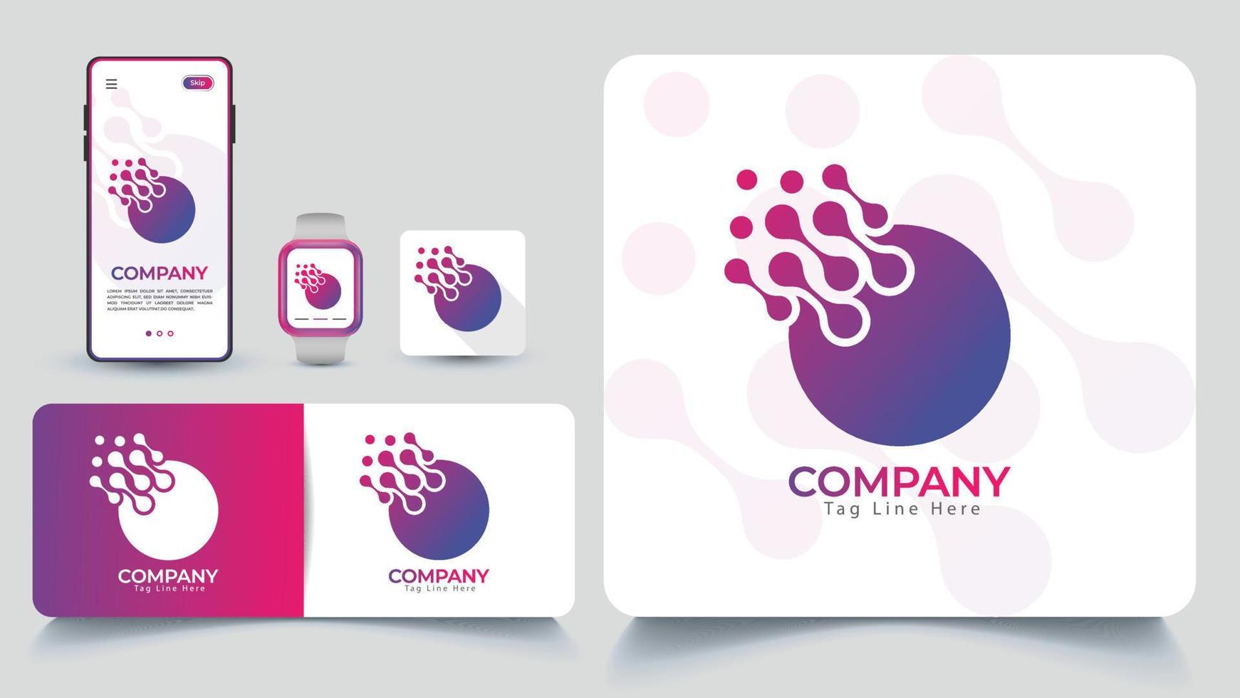 modello di branding del logo della tecnologia creativa, mockup di cancelleria premium con colore sfumato. vettore premium.