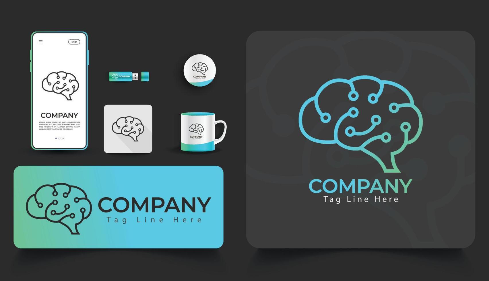 modelli di branding del logo della lettera di tecnologia del cervello e mockup di cancelleria gratuito. design creativo e colore sfumato. vettore