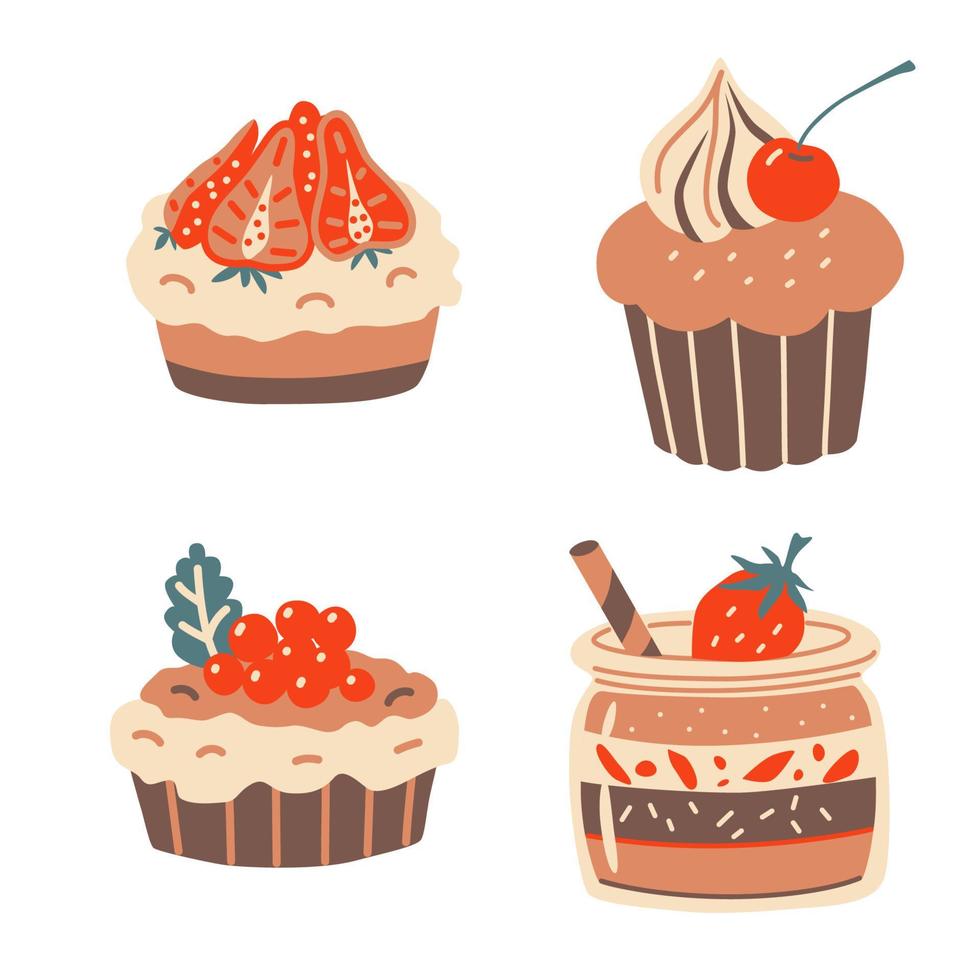 set da dessert. cupcakes e mini crostate. elementi disegnati a mano di vettore. vettore