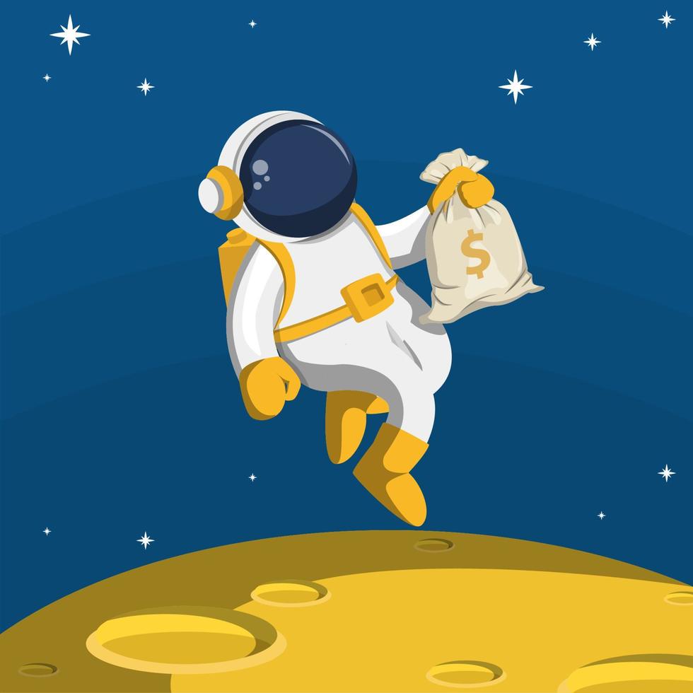 illustrazione di astronauta e denaro che cammina sulla luna vettore