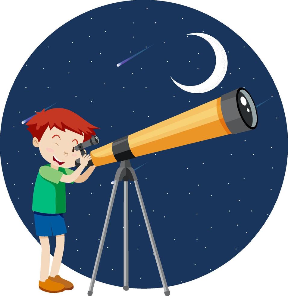 un ragazzo che guarda attraverso il telescopio di notte vettore