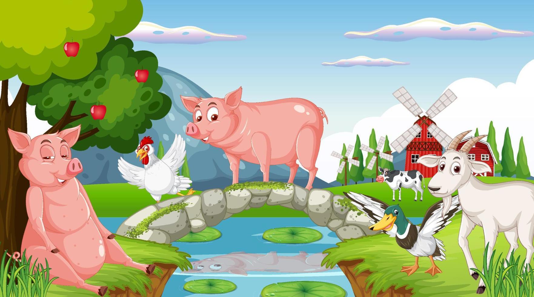 sfondo di fattoria con animali felici vettore