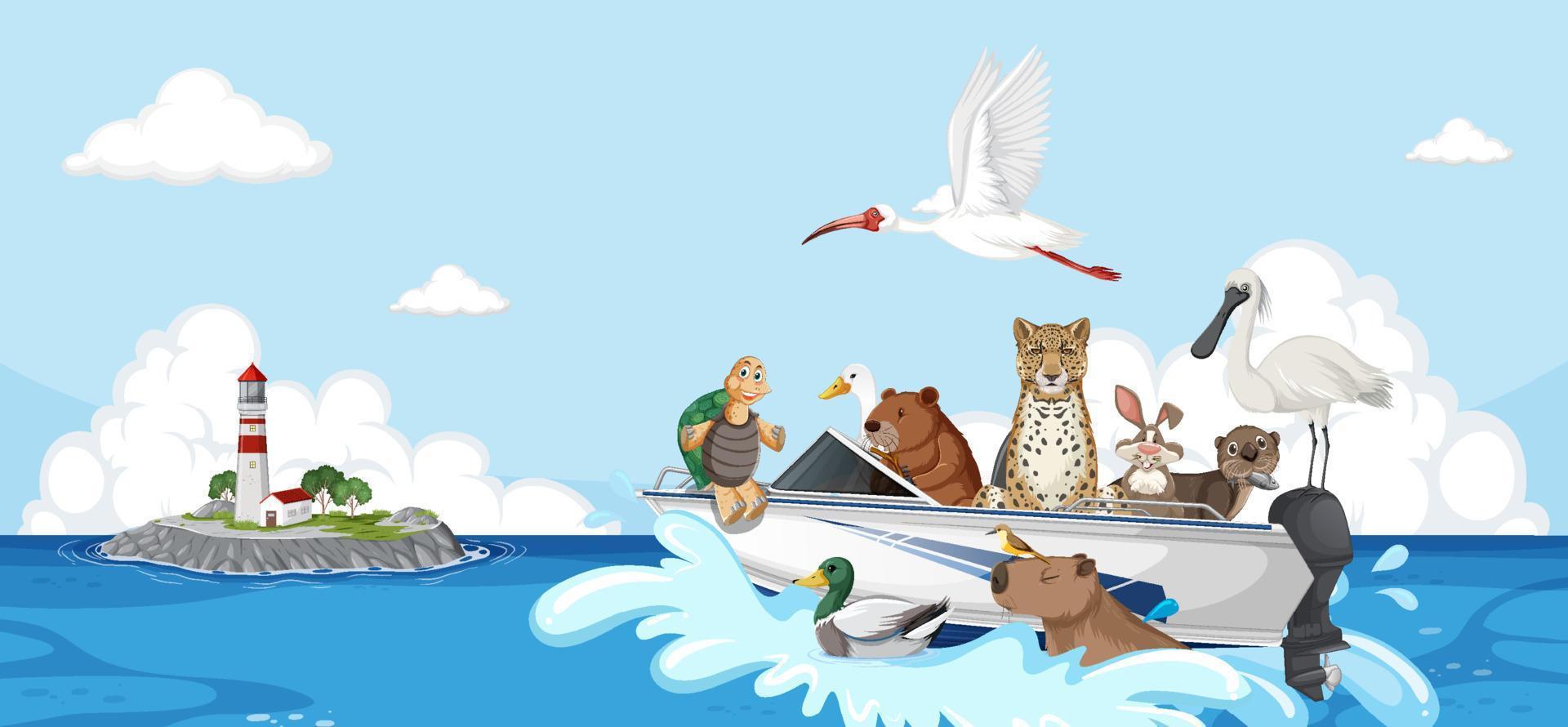 animali selvatici su una barca vettore