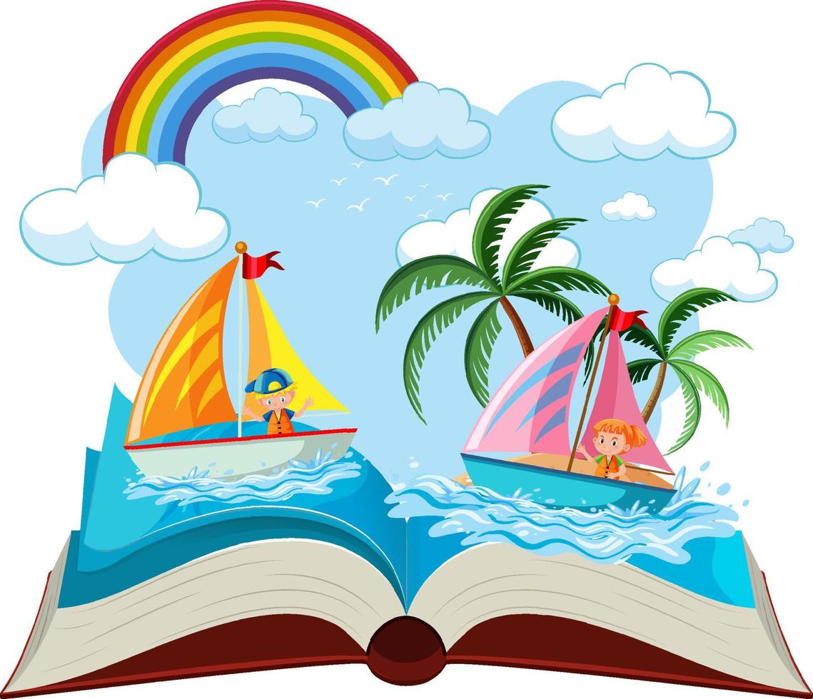 libro aperto con i bambini che si godono l'estate in spiaggia vettore