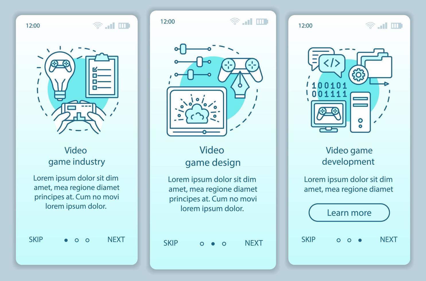 modello vettoriale dello schermo della pagina dell'app mobile per l'onboarding dell'industria dei videogiochi. sviluppo di giochi per computer, design. procedura dettagliata del sito Web con illustrazioni lineari. ux, ui, gui concetto di interfaccia per smartphone