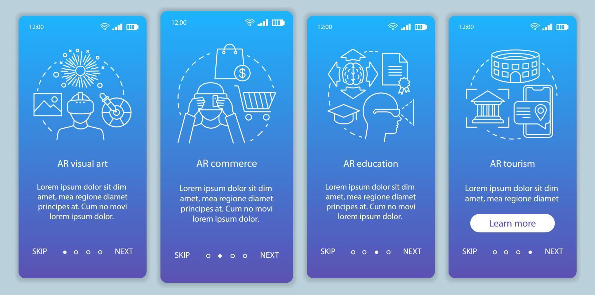 schermata della pagina dell'app mobile onboarding del settore della realtà aumentata con concetti. ar arti visive, commercio, e learning, turismo stepthrough istruzioni grafiche. ux, ui, modello vettoriale gui con icone