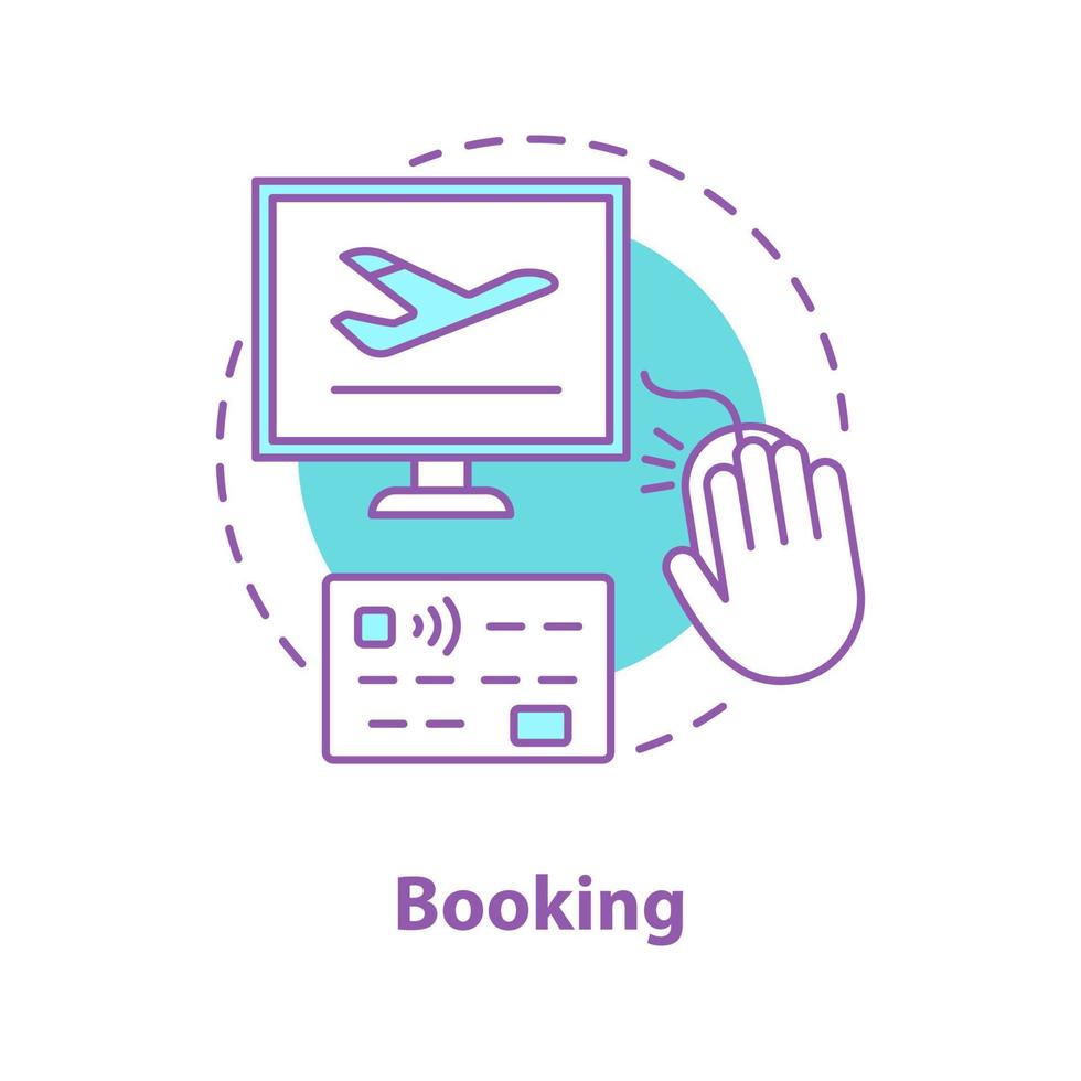icona del concetto di prenotazione online di biglietti aerei. illustrazione al tratto sottile dell'idea del servizio aeroportuale. acquisto di biglietti elettronici delle compagnie aeree. disegno di contorno isolato vettoriale