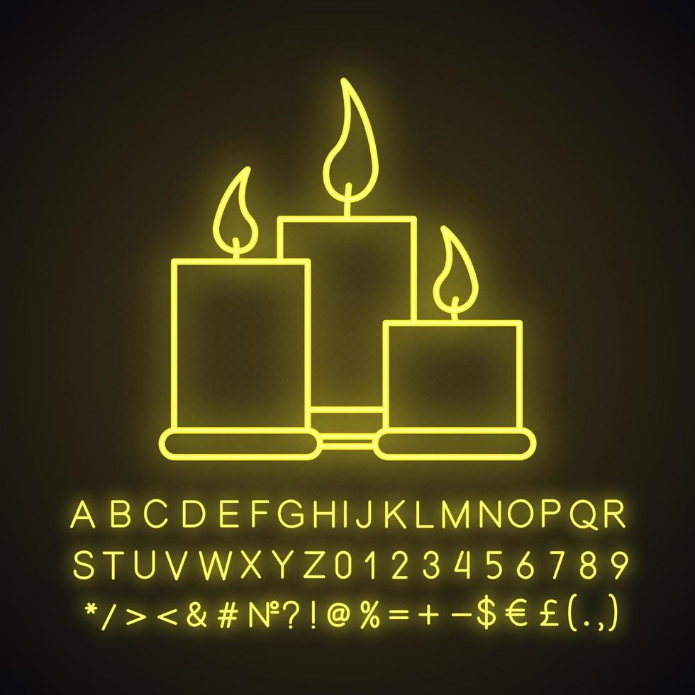 icona della luce al neon delle candele del salone spa. aromaterapia. segno luminoso con alfabeto, numeri e simboli. illustrazione vettoriale isolato