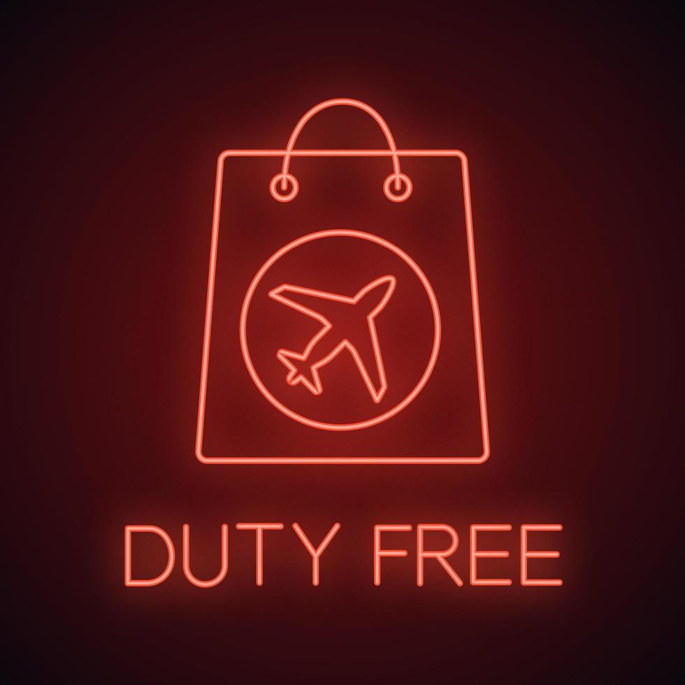 icona della luce al neon acquisto duty free. borsa della spesa con aeroplano. segno luminoso. illustrazione vettoriale isolato