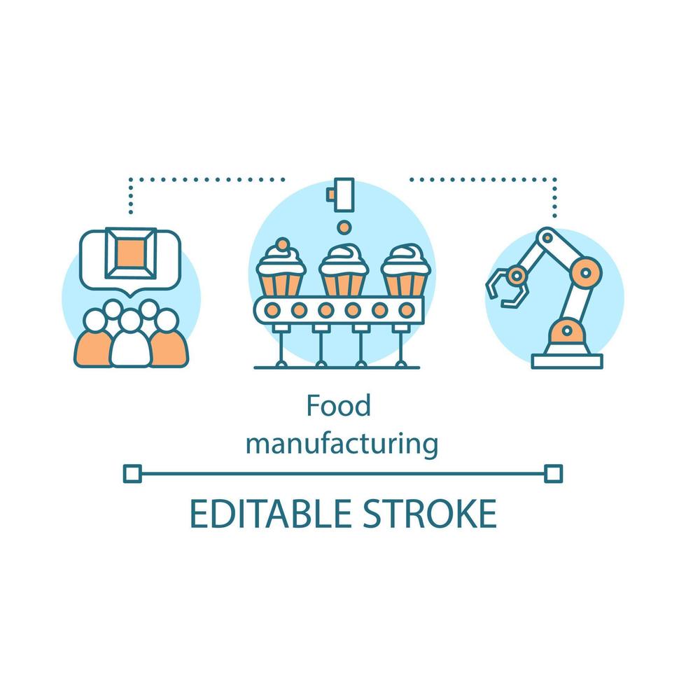 icona del concetto di industria alimentare. trasformazione degli alimenti, illustrazione al tratto sottile dell'idea di produzione. produzione di torte. disegno di contorno isolato vettoriale. tratto modificabile vettore